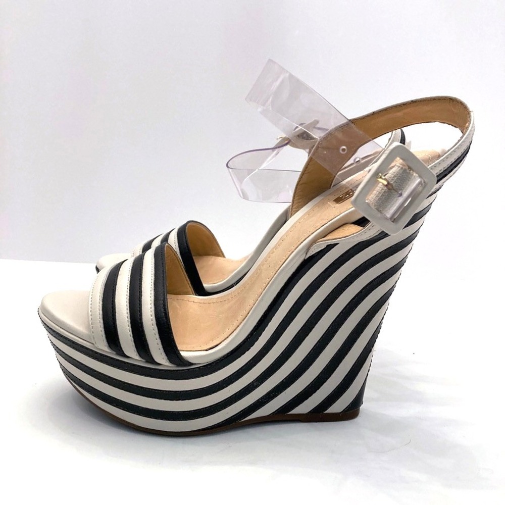 Schutz Erann Striped Leather Wedge Platform Sandal Black White Womens 7B Shoes